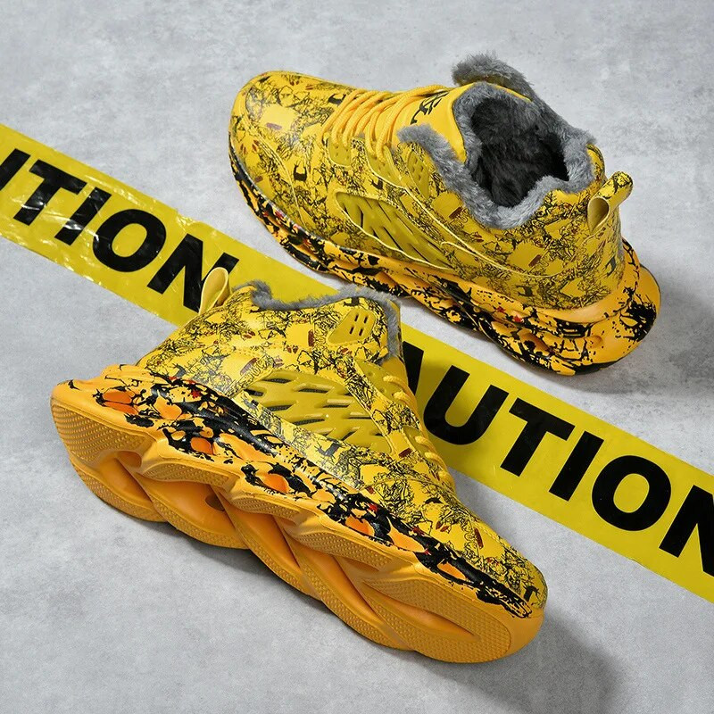 Pantofi de iarnă din bumbac cu graffiti înalți 2024, pantofi sport caldi, din catifea, pentru bărbați, la modă, pantofi ușori, comozi