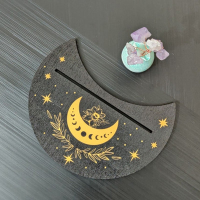 Medinis kortelių stovas Taro mėnulio formos stačiakampio kortos altoriaus stovas medinis raganos būrimo įrankiams Dekoro Wiccan lenta