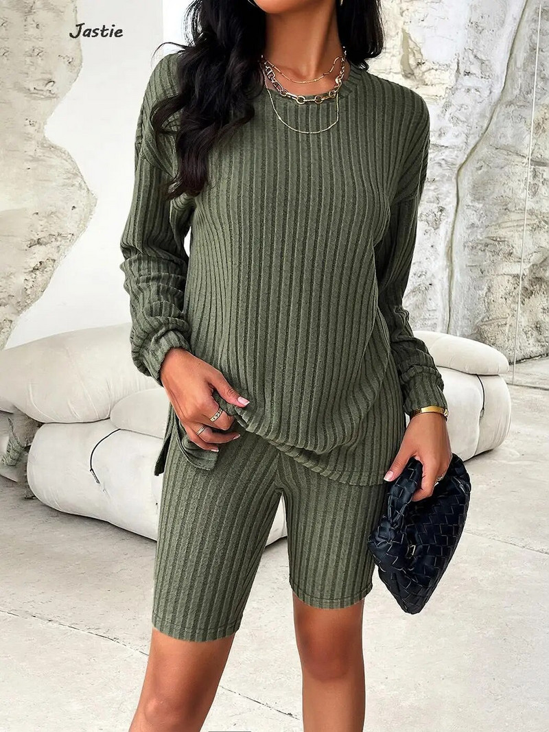 Jednobojna majica s dugim rukavima i kratke hlače s O izrezom Ženski dvodijelni set Proljeće Jesen Ležerne uske midi hlače + pleteni pulover Kompleti 2023.