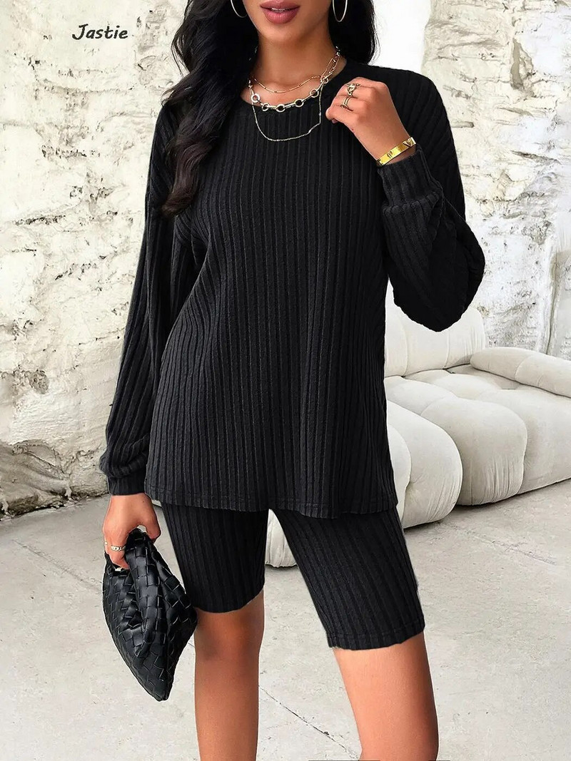 Jednobojna majica s dugim rukavima i kratke hlače s O izrezom Ženski dvodijelni set Proljeće Jesen Ležerne uske midi hlače + pleteni pulover Kompleti 2023.