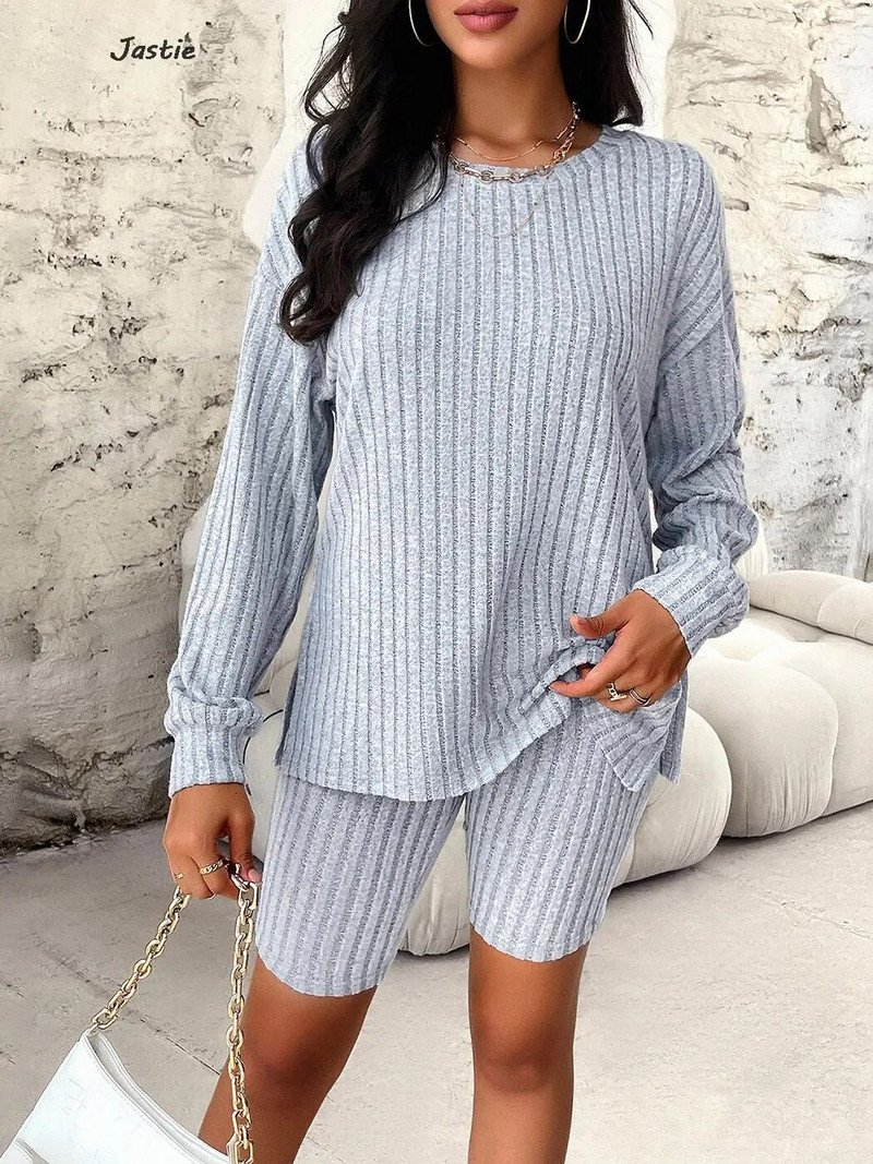 Jednobojna majica s dugim rukavima i kratke hlače s O izrezom Ženski dvodijelni set Proljeće Jesen Ležerne uske midi hlače + pleteni pulover Kompleti 2023.