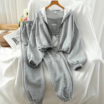 Set Casual Femei Toamna Iarna Subtire Palarie de Top Camasa Deschisa Set Sport Trei Piese Imbracaminte Femei