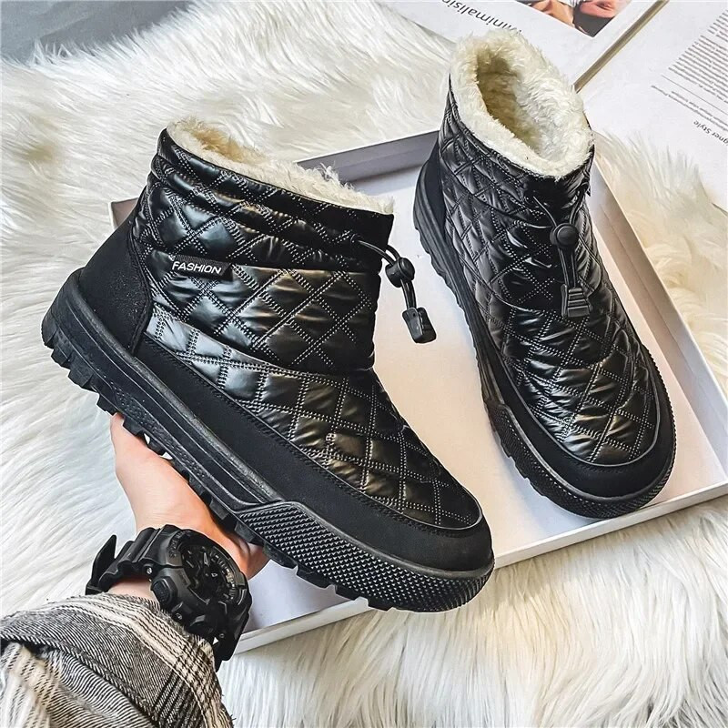 Modes ziemas vīriešu zābaki, viegli uzturiet siltumu vīriešu puszābaki, neslīdoši vīriešu sniega zābaki ar kažokādu, plakaniski vīriešu kokvilnas apavi Botas