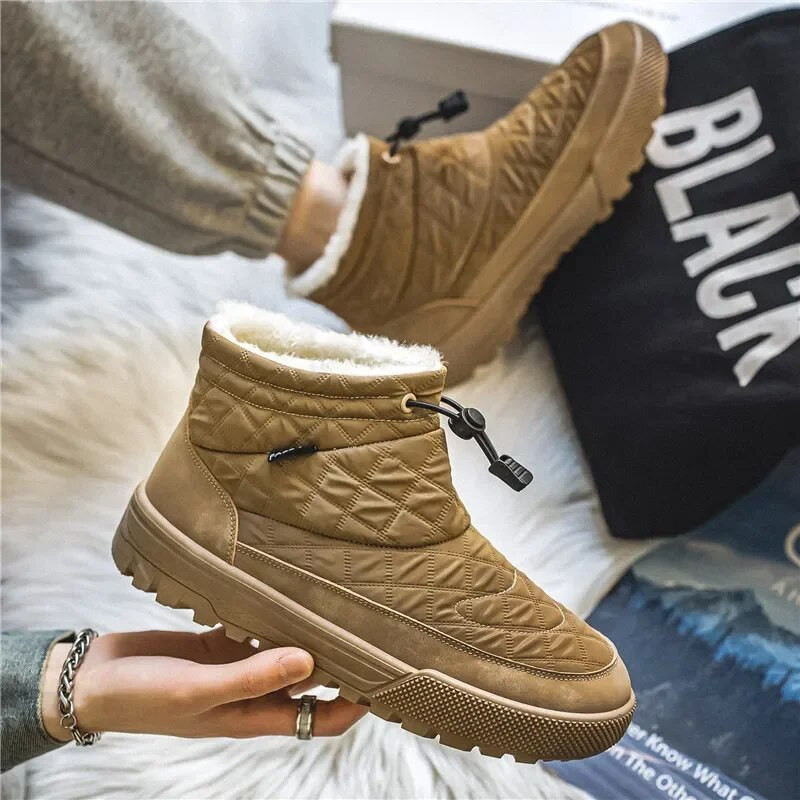 Modes ziemas vīriešu zābaki, viegli uzturiet siltumu vīriešu puszābaki, neslīdoši vīriešu sniega zābaki ar kažokādu, plakaniski vīriešu kokvilnas apavi Botas