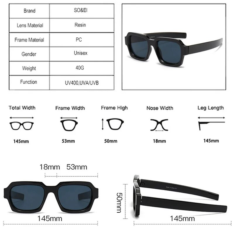 SO&EI Ins populāras modes kvadrātveida dubultkrāsu punk vīriešu saulesbrilles vintage zīmola dizainers zili oranžas briļļu sieviešu toņos UV400