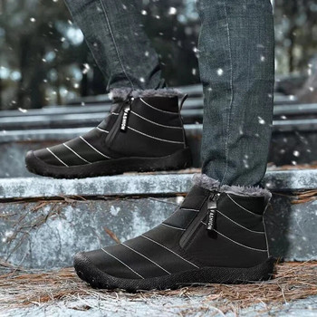 2024 Зимни мъжки ботуши Топли къси плюшени ежедневни обувки Плътен цвят с цип Нехлъзгащи се ботуши за сняг Мъжки гумени ботуши с кръгли пръсти