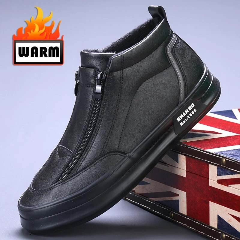 Žieminiai odiniai vyriški kulkšnies batai su kailiu, laisvalaikio batai, lengvi dizainerio vyriški šilti darbiniai batai klasikiniai rankų darbo batai