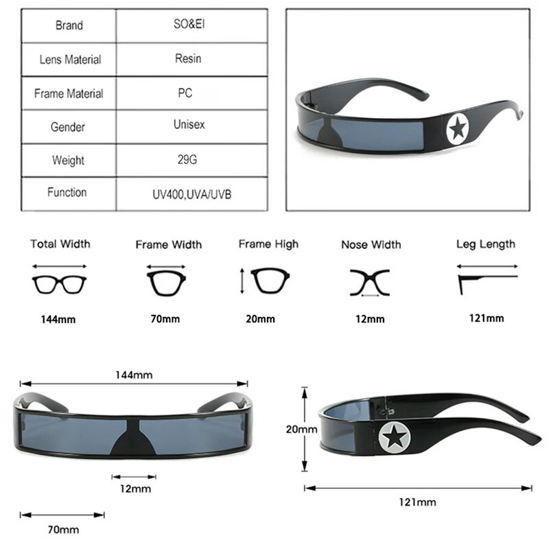 SO&EI Retro Y2K jednodijelne ženske sunčane naočale, modne punk naočale, muške trendovske zrcalne sjenila UV400 sunčane naočale