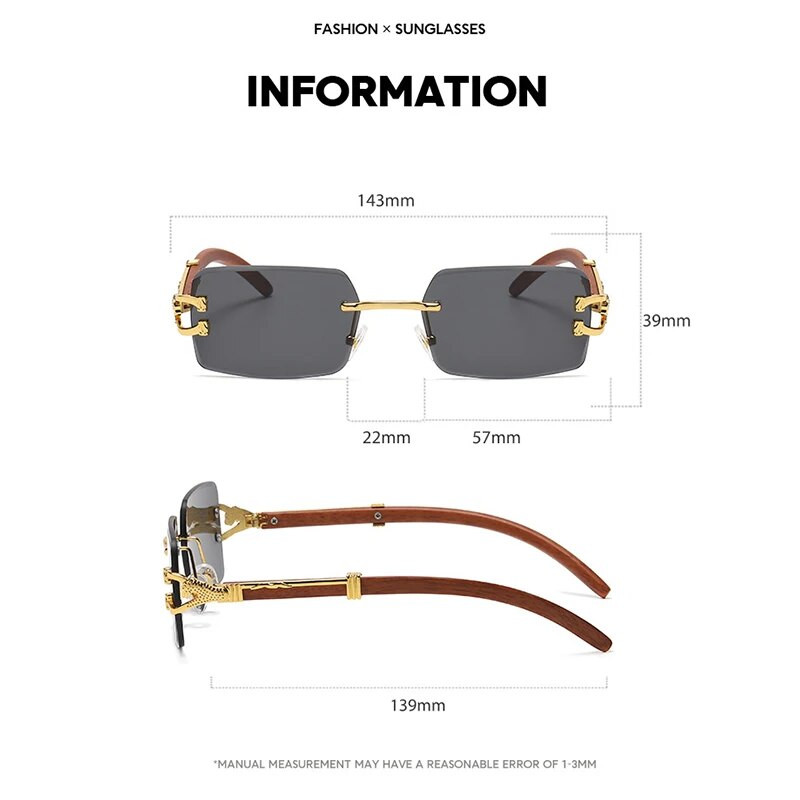 Klasične vintage sunčane naočale s četvrtastom leopard glavom bez okvira Ženske muške modne dizajnerske luksuzne marke Putne drvene metalne sunčane naočale