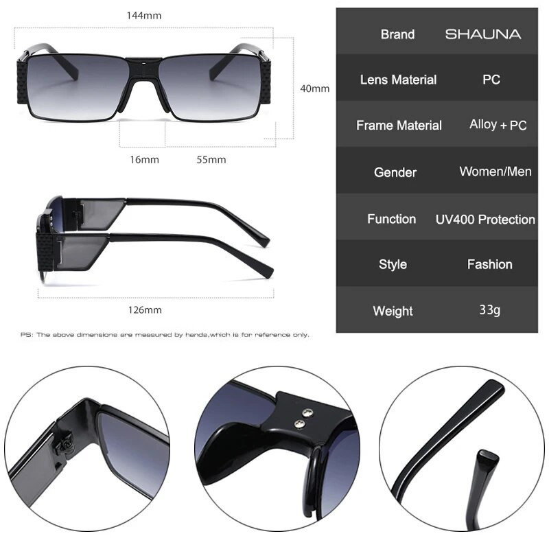 SHAUNA Retro Steampunk Ochelari de soare dreptunghi pentru femei, designer de modă, nuanțe degradate, UV400, ochelari de soare pătrați punk pentru bărbați