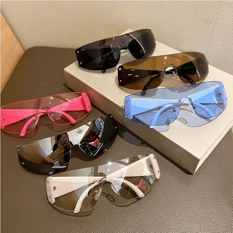 GM LUMIAS ääristeta Y2k päikeseprillid, mood, uus meeste naiste peegelprillid, trendikad futuristlikud välispordi UV400 varjud