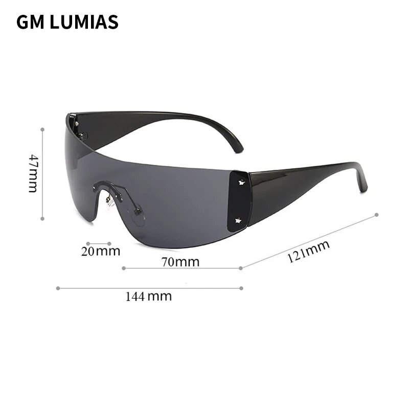 GM LUMIAS ääristeta Y2k päikeseprillid, mood, uus meeste naiste peegelprillid, trendikad futuristlikud välispordi UV400 varjud