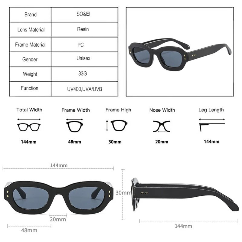 SO&EI Ins Populāras modes daudzstūra kvadrātveida sieviešu saulesbriļļu žalūzijas UV400 retro kniedes dekors Vīriešu tendences zili zaļas saulesbrilles