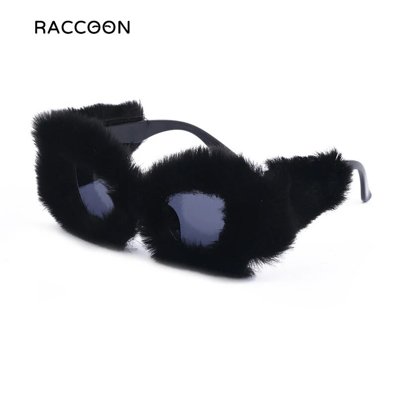 Isetegija kohevad kassisilmad Kardashan päikeseprillid naiste punk, pehme karusnaha samet päikeseprillid naistele trendikad käsitsi valmistatud seksikad plüüsis prillide varjud