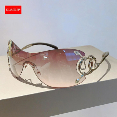 KLASSNUM Y2k Слънчеви очила без рамки Дамски стилни градиентни лещи Външни сенки Модерен дизайн на луксозна марка Очила с метална рамка Очила
