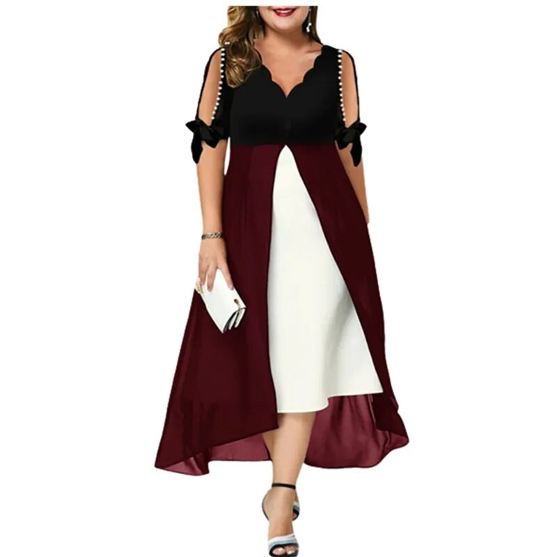 2023. aasta uued kevadised naistekleidid Elegantne moodne V-kaelusega laineline ebaregulaarne maksikleit Suvine vabaaja võltsitud kaks pikka kleiti, pluss suurus 5XL