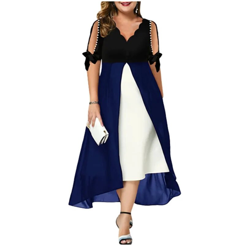 2023. aasta uued kevadised naistekleidid Elegantne moodne V-kaelusega laineline ebaregulaarne maksikleit Suvine vabaaja võltsitud kaks pikka kleiti, pluss suurus 5XL