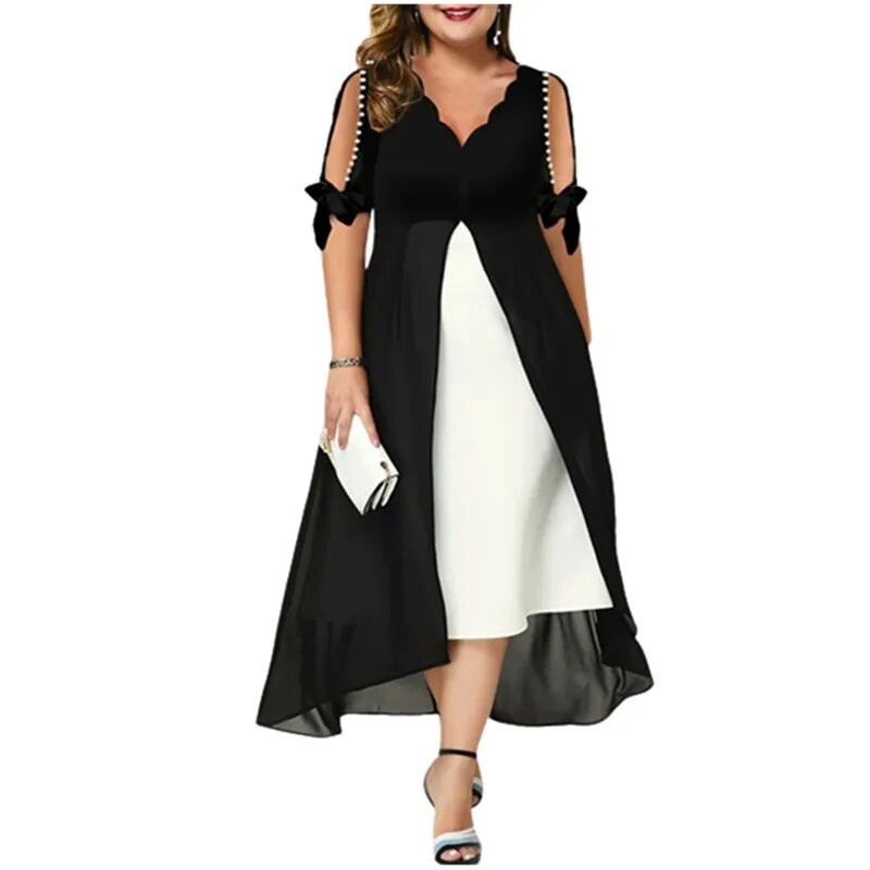 2023. aasta uued kevadised naistekleidid Elegantne moodne V-kaelusega laineline ebaregulaarne maksikleit Suvine vabaaja võltsitud kaks pikka kleiti, pluss suurus 5XL