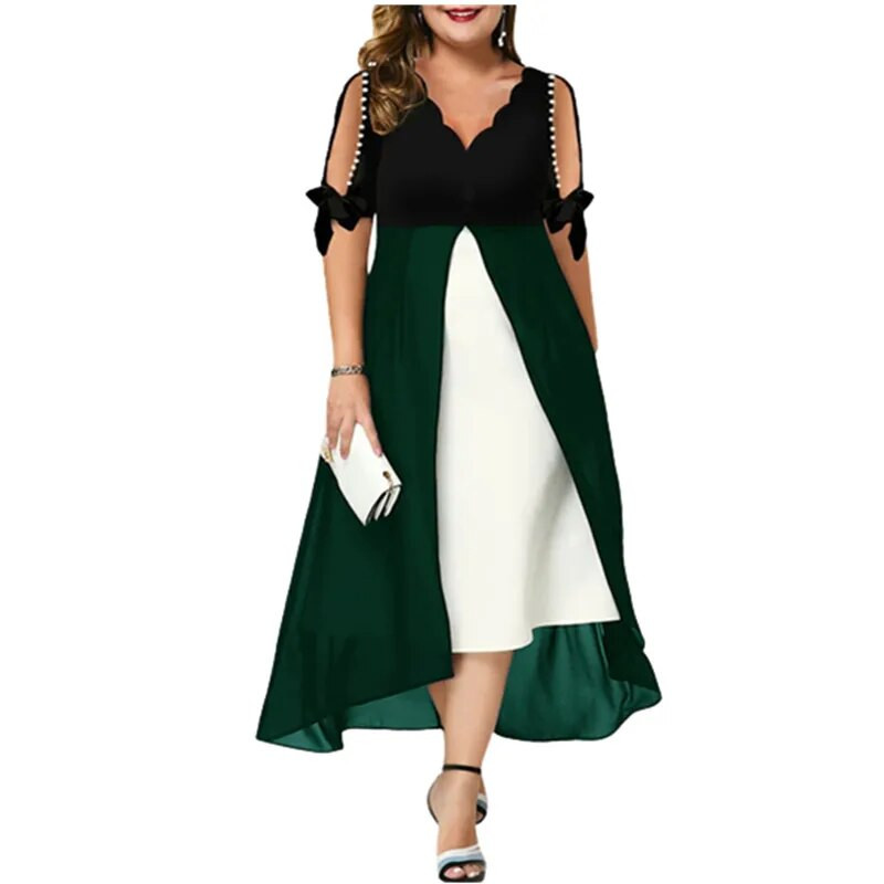 2023. aasta uued kevadised naistekleidid Elegantne moodne V-kaelusega laineline ebaregulaarne maksikleit Suvine vabaaja võltsitud kaks pikka kleiti, pluss suurus 5XL