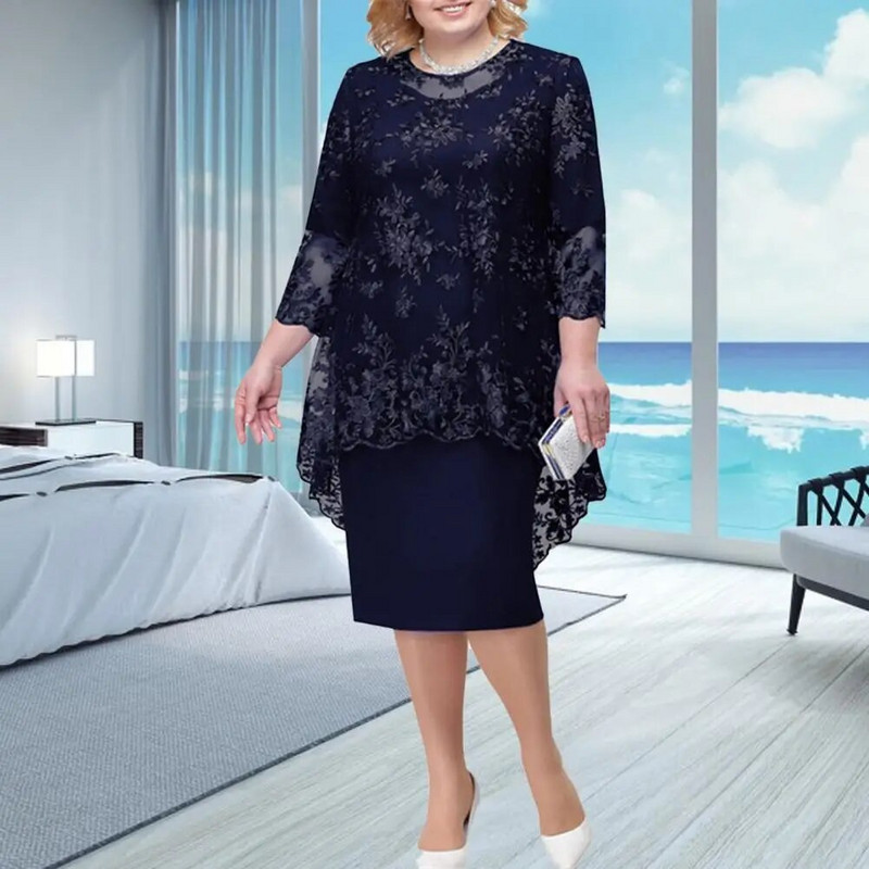 Eleganta kleita Pievilcīga mīkstas tekstūras dāmu kleita ar izšuvumu ar mežģīnēm ar 3/4 piedurknēm Sieviešu liela izmēra vakarkleita ballītēm