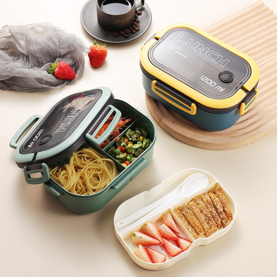 Cutie de prânz cu un singur strat, cu compartiment portabil, cutie pentru fructe, cutie de prânz pentru cuptor cu microunde, cu furculiță și lingură, cutie proaspătă pentru picnic