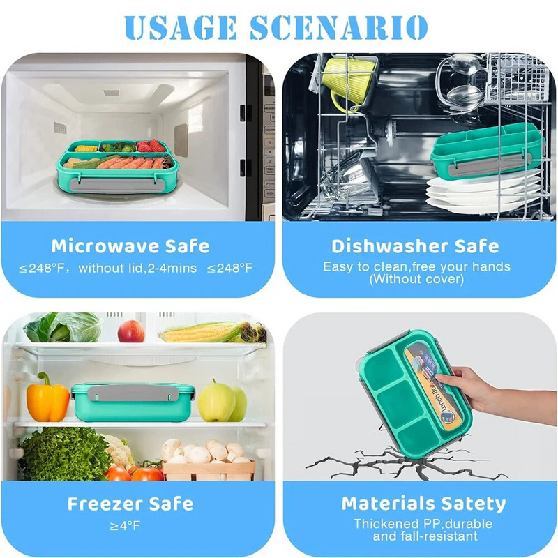 Bento Box Lunch Box Pieaugušo pusdienu kastes konteineri maziem bērniem, pieaugušajiem, 1300 ml, 4 nodalījumiem, dakšām, necaurlaidīga mikroviļņu trauku mazgājamā mašīna