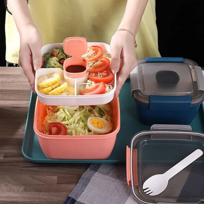 1100ml 1500ml prijenosni spremnik kutije za ručak 2 sloja Mrežasta zdjela za salatu Bento kutije Zdjele za salatu Kutija za ručak Posuda za ručak za hranu