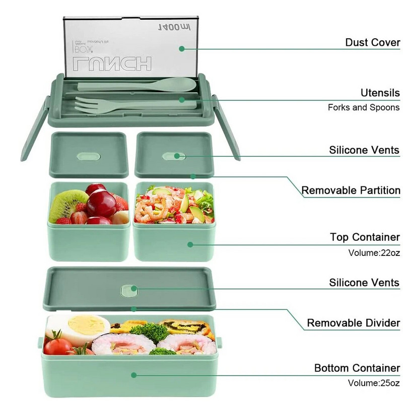Bento lõunakarbi virnastatav 49 OZ Bento kast täiskasvanutele Ki lõunasöögikonteinerite lekkekindel täiskasvanutele mõeldud Bento kast eemaldatavate lahtritega