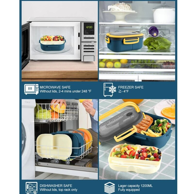 Pārnēsājama pusdienu kastīte ar 2 slāņu režģi bērniem studentu Bento kaste, necaurlaidīga mikroviļņu krāsnī lietojama pusdienu kaste ar dakšas karoti skolas birojam