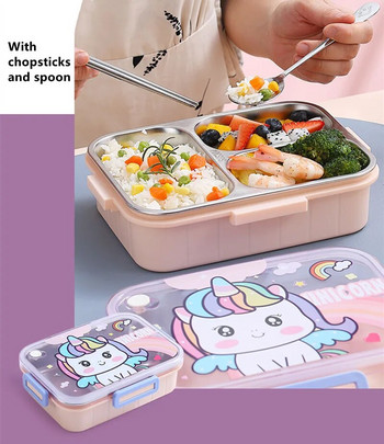 800 мл карикатура от неръждаема стомана 304 Кутия за обяд с лъжица Детска непропусклива кутия Bento Ученически Училищен офис Контейнер за храна