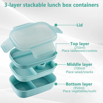 Подреждаща се кутия Bento Кутия за обяд за микровълнова фурна 3 слоя Многофункционални контейнери за обяд с комплект прибори за хранене Множество решетки за възрастни и деца
