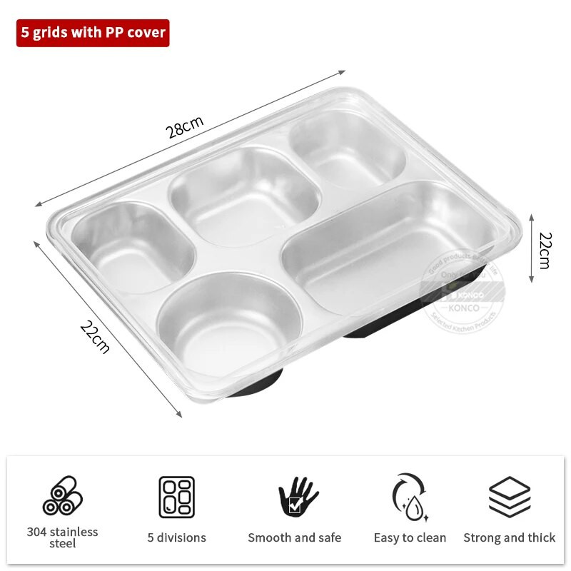 304 Nerūsējošā tērauda pusdienu paplāte ar vāku Radošs ātrās ēdināšanas šķīvis bērniem augļu uzkodu paplātes virtuves galda piederumu pusdienu kaste