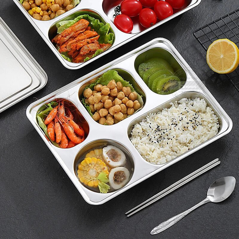 304 Nerūsējošā tērauda pusdienu paplāte ar vāku Radošs ātrās ēdināšanas šķīvis bērniem augļu uzkodu paplātes virtuves galda piederumu pusdienu kaste