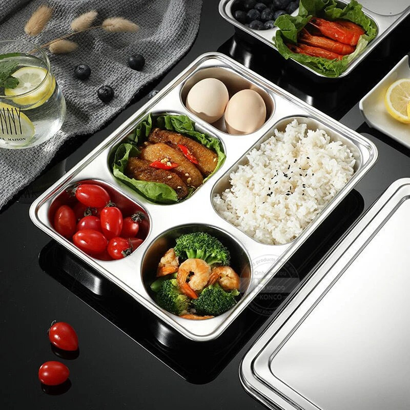 304 Nerūsējošā tērauda pusdienu paplāte ar vāku Radošs ātrās ēdināšanas šķīvis bērniem augļu uzkodu paplātes virtuves galda piederumu pusdienu kaste