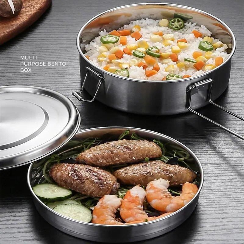 304 Nerūsējošā tērauda apaļa pusdienu kaste Lielas ietilpības 2 slāņu Bento kaste Atsevišķas kastes Necaurlaidīga piknika kaste skolēnu ēdnīcai