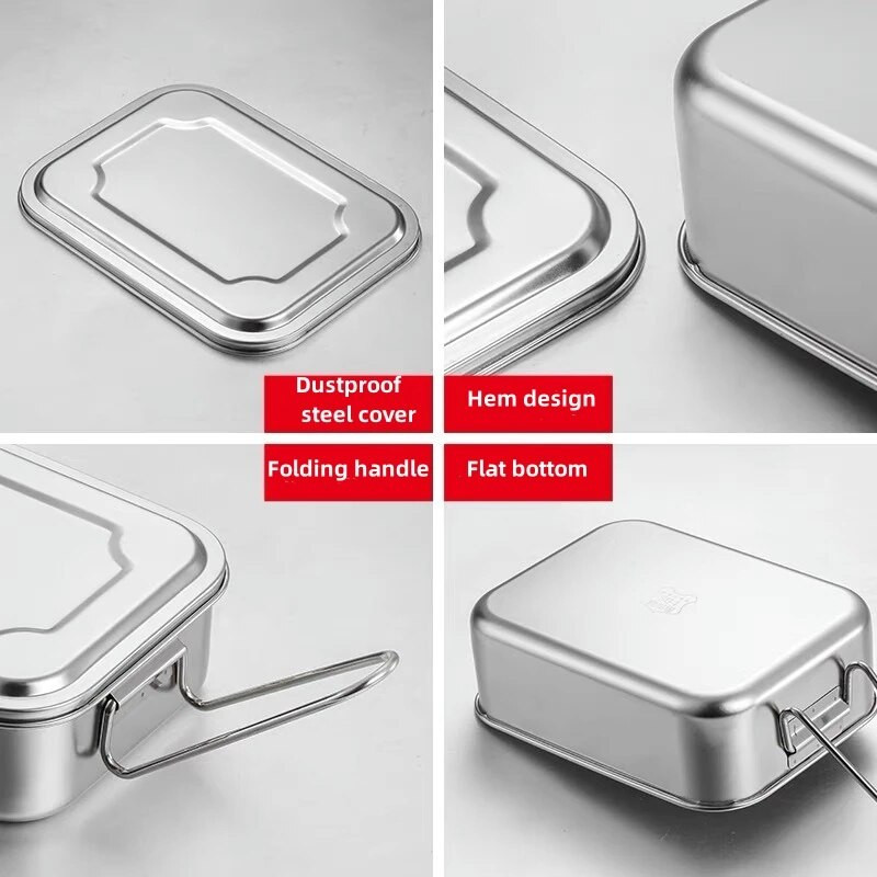 304 nerūsējošā tērauda Bento pusdienu kaste ar rokturi studentu lielas ietilpības kvadrātveida aizzīmogotiem nodalījumiem pārtikas uzglabāšanas traukiem