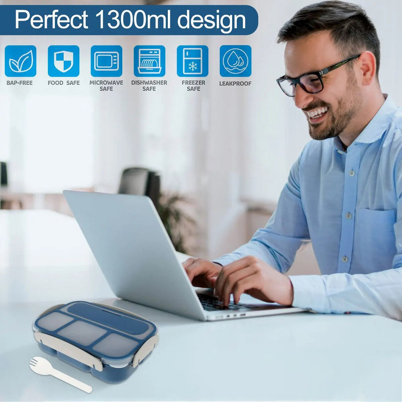 1300 ml Bento pusdienu kaste ar 4 nodalījumiem bez BPA Bento Box Necaurlaidīgs pārnēsājams pārtikas trauks bērniem Mikroviļņu krāsnī saldētavā droši