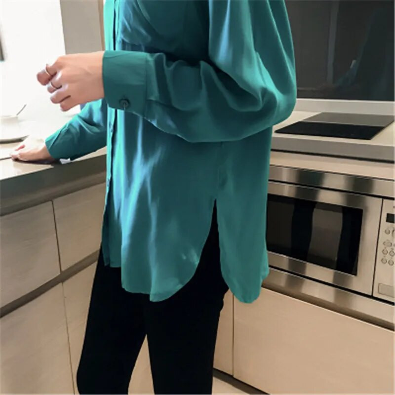 2019 Blusa Ženska bluza Elegantna crveno zelena satenska košulja s otvorenim ovratnikom Ženska svečana uredska OL bluza Ženske majice PZ1149