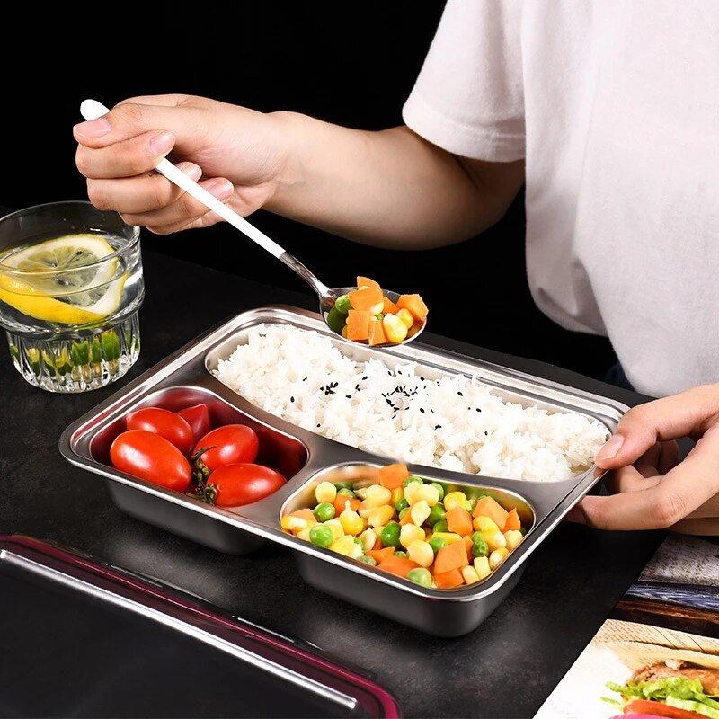 304 roostevabast terasest poolitatud lõunakarbiga kaanega õhtusöögitaldrik metallist suletud toidu hoiukonteinerid Koolilaste söökla