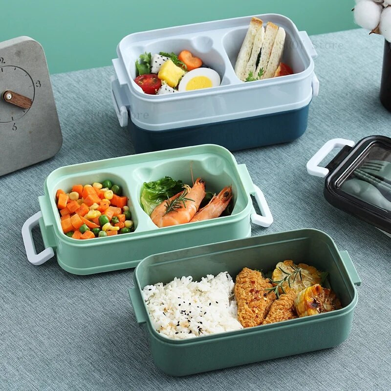 Dviejų sluoksnių nešiojama hermetiška priešpiečių dėžutė vaikams mokinio Bento dėžutė su šakute šaukštu, nepralaidi mikrobangų krosnelei tinkama maisto laikymo dėžė mokykla