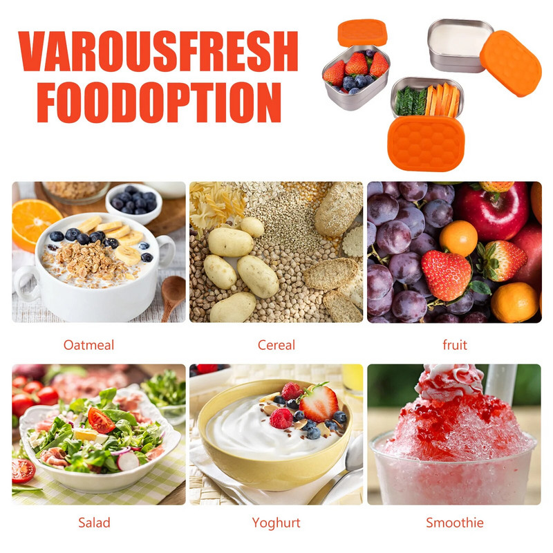 3 gab. Nerūsējošā tērauda uzkodu trauki Bento Box Necaurlaidīgi pārnēsājami mazi pārtikas uzglabāšanas trauki Pusdienu kaste Trauku mazgājamā mašīna Saldētava