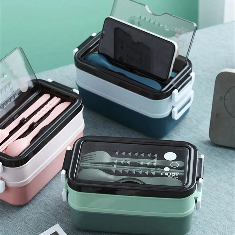 Dvoslojna kutija za ručak, prijenosni odjeljak, kutija za hranu, mikrovalna kutija za ručak s vilicom, štapićima i žlicom, kutija za piknik, svježinom