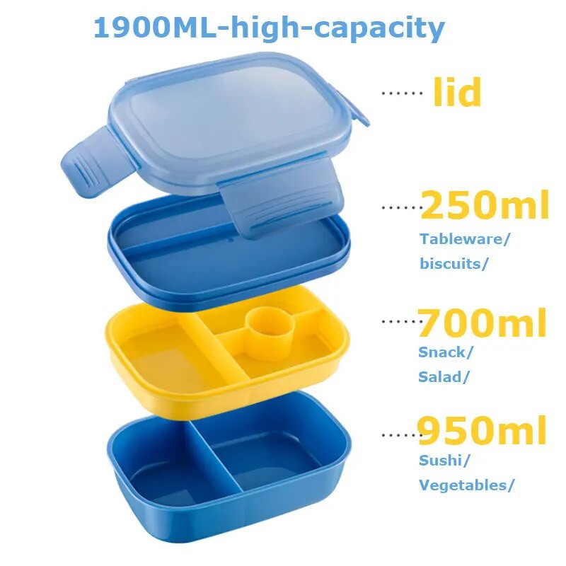 1900 ml trijų sluoksnių grindų Bento priešpiečių dėžutė vaikams maisto talpykla uždaryta vaisių salotų dėžutė, mikrobangų krosnelė
