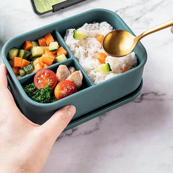 Silicone Bento Box Ανθεκτικά Δοχεία μεσημεριανού γεύματος με 3 διαμερίσματα Στοιβαζόμενο δοχείο αποθήκευσης τροφίμων με καπάκι μεσημεριανό σνακ Φρούτα