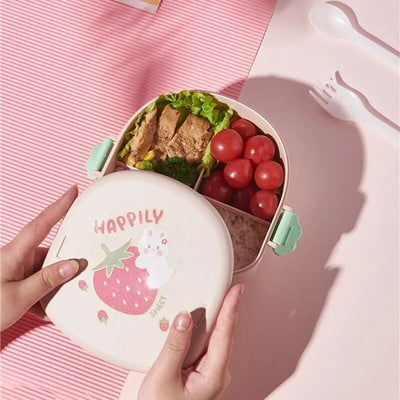 Cutie portabilă de prânz drăguță pentru fete, școală, copii, cutie de picnic bento din plastic, cutie de mâncare pentru cuptorul cu microunde, cu compartimente, containere de depozitare