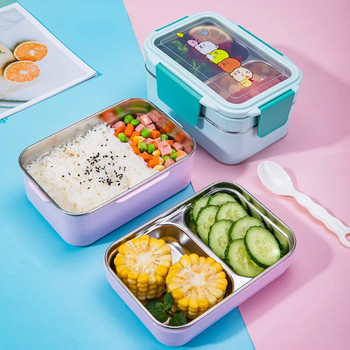 Φορητό από ανοξείδωτο ατσάλι Κουτί μεσημεριανού γεύματος Διπλής στρώσης Κιβώτιο δοχείων φαγητού με κινούμενα σχέδια Κουτί μικροκυμάτων Bento Box για παιδιά Παιδικό Σχολείο πικνίκ