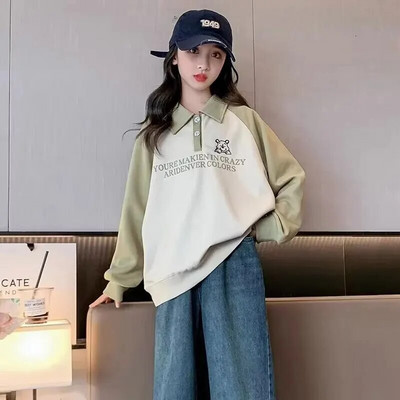 Djevojčice Proljeće Jesen Preklopna kragna Kontrastne boje Dječja polo majica dugih rukava Gornja odjeća za djevojčice