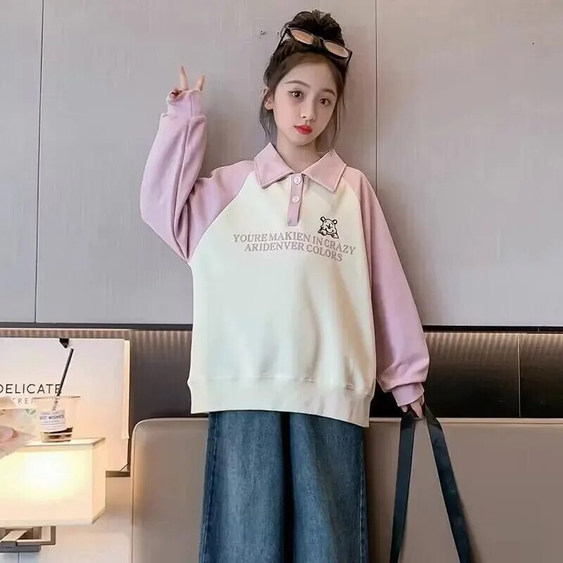 Djevojčice Proljeće Jesen Preklopna kragna Kontrastne boje Dječja polo majica dugih rukava Gornja odjeća za djevojčice