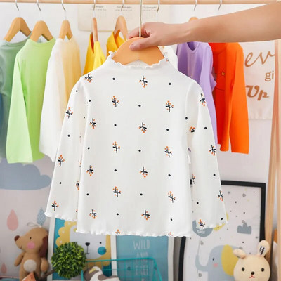 Tricou pentru fetițe din bumbac, cu mânecă lungă, de primăvară, pentru copii, cu gât țesut, cu fundul pentru copii, haine pentru fete