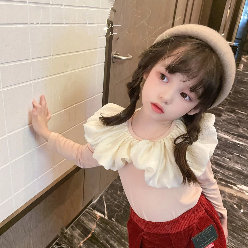 Sügisene uus tüdrukute pikkade varrukatega T-särk Moodne armas mitmekülgne ülaosa, suur polokrae, beebi laste ühevärviline alussärk